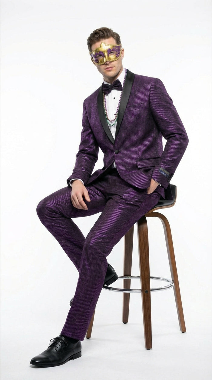 Mens Purple Shimmer Mardi Gras Suit with Black Satin Lapel Shiny Metallic Formal Party and Carnival Suit Sequin Look