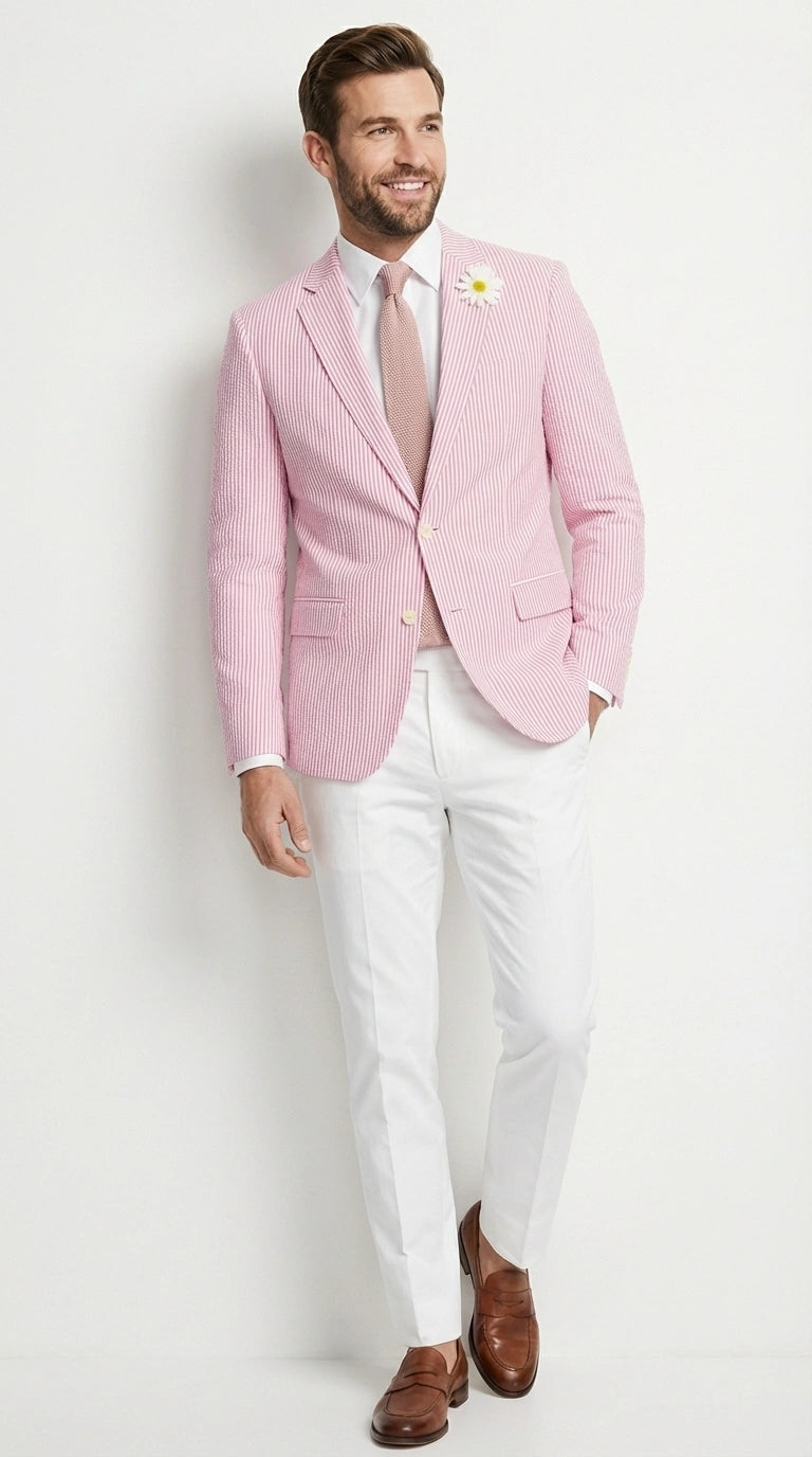 Mens Pink Seersucker Blazer – Lightweight Striped Summer Sport Coat Casual Smart Formal Jacket - 36 Short