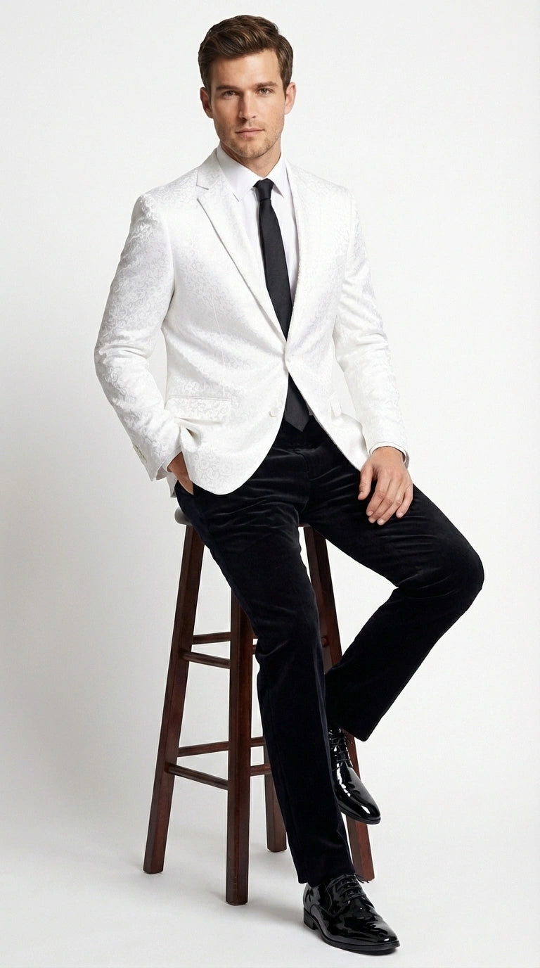 Men’s White Disco Blazer 1980s Sequin Style Jacket – Lapel Collar Party Blazer, Formal Evening Wear, Halloween Masquerade Club Outfit - 36 Short