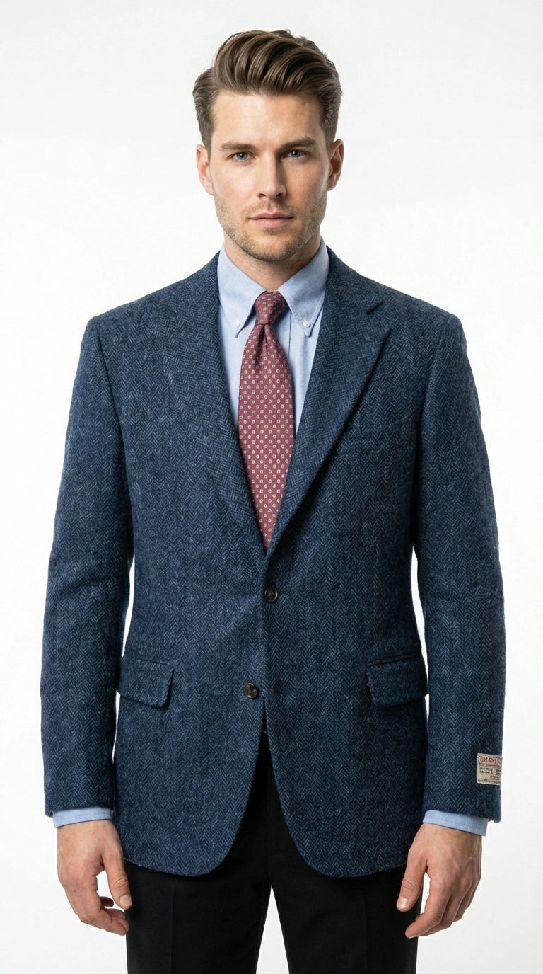 Mens Light Blue Tweed Blazer Sport Coat – Classic Herringbone Jacket Formal Business Casual Smart Outerwear in indigo cobalt blue - 36 Short