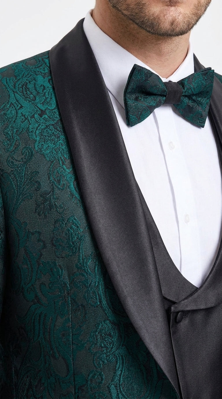 Tazzio Men’s Hunter Green & Black Paisley Tuxedo – Skinny Fit Shawl Collar 3-Piece Prom and Wedding Suit - 34 Short or Extra Small