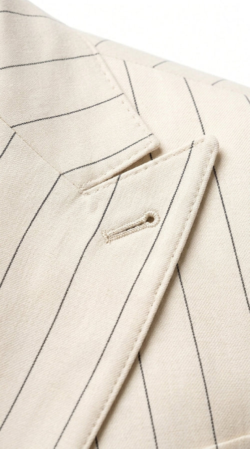 Men’s Cream Off White Pinstripe Linen Pinstripe 2 Piece Double Breasted Suit, Summer Wedding Ivory Color By Vitali