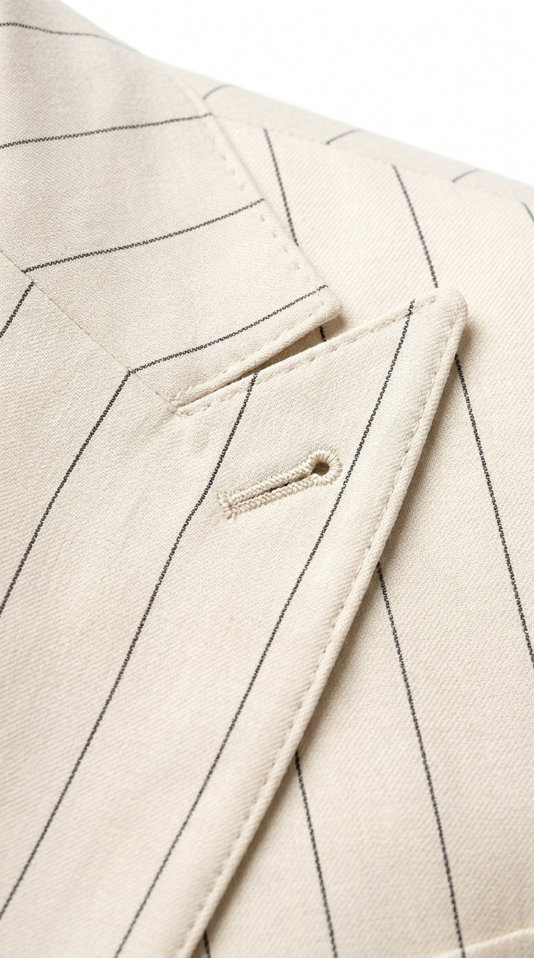 Men’s Cream Off White Pinstripe Linen Pinstripe 2 Piece Double Breasted Suit, Summer Wedding Ivory Color By Vitali - 34 Short or Extra Small
