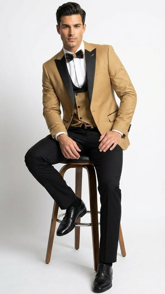 Men's Dark Camel Tan Khaki and Black Great Gatsby Tuxedo Suit Vintage 1920s Formal Wedding, Party and Event Wear