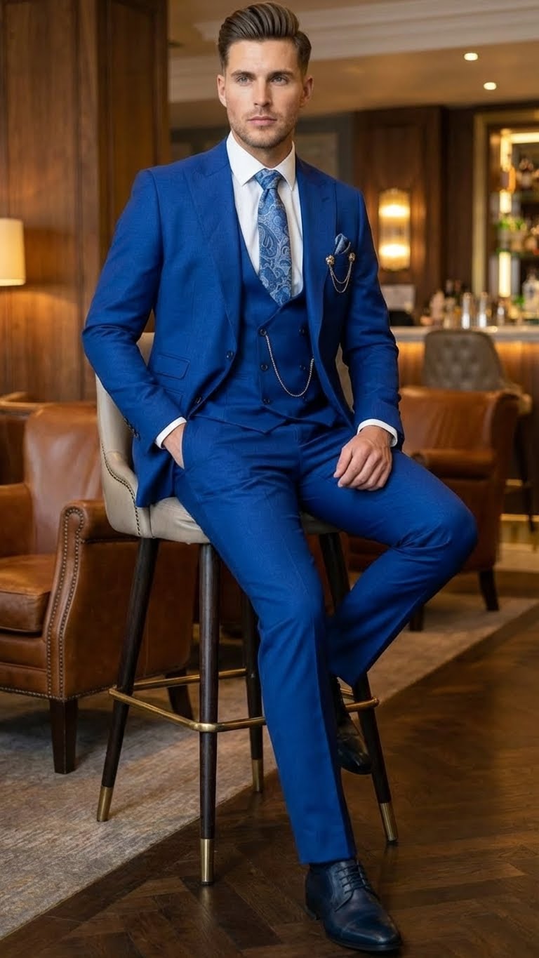 Men’s Royal Blue 3 Piece Suit Set with Vest – Formal Wedding and Party Wear Suit - Saphire Cobalt blue - 34 Short or Extra Small