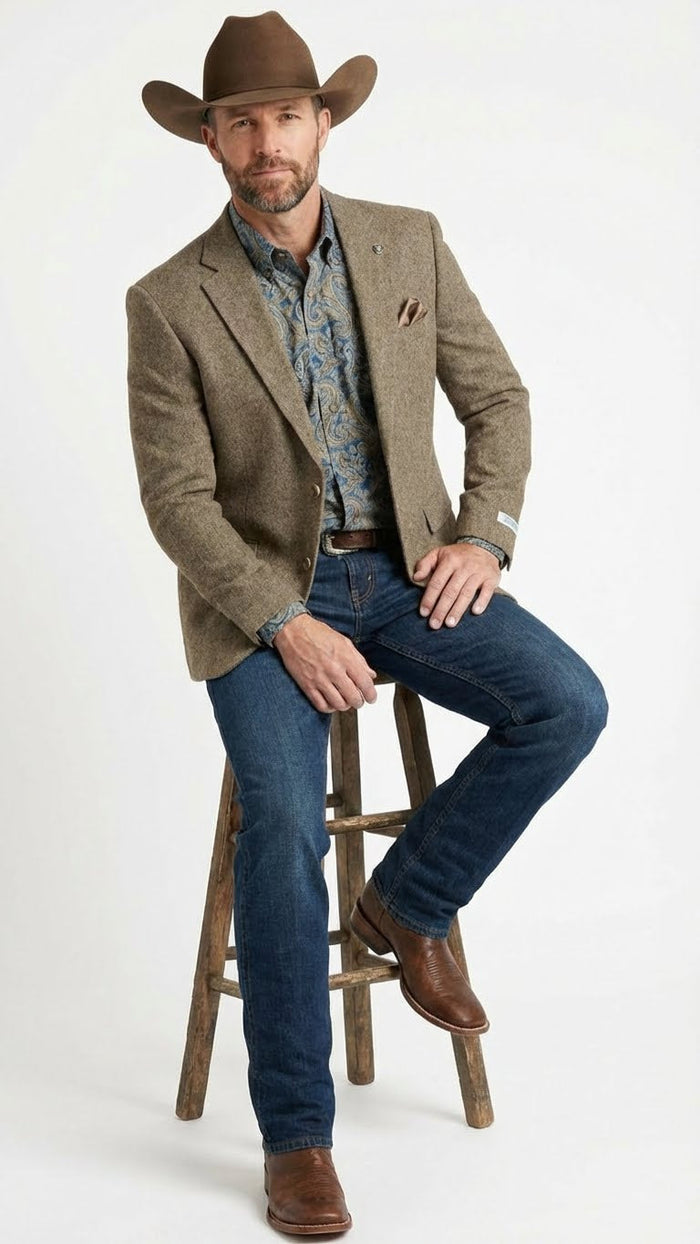 Mens Brown Taupe Western Blazer Jacket Classic Cowboy Style Sport Coat for Wedding