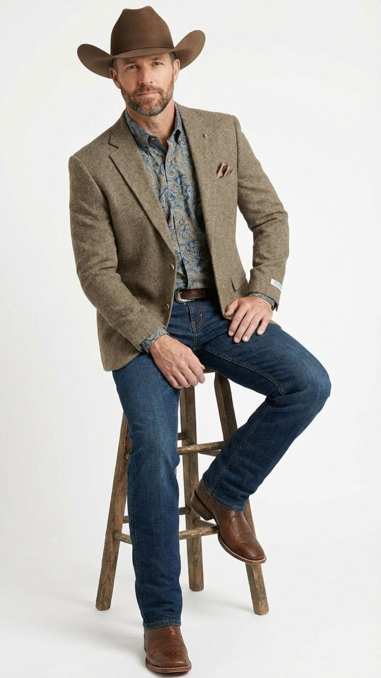 Mens Brown Taupe Western Blazer Jacket Classic Cowboy Style Sport Coat for Wedding