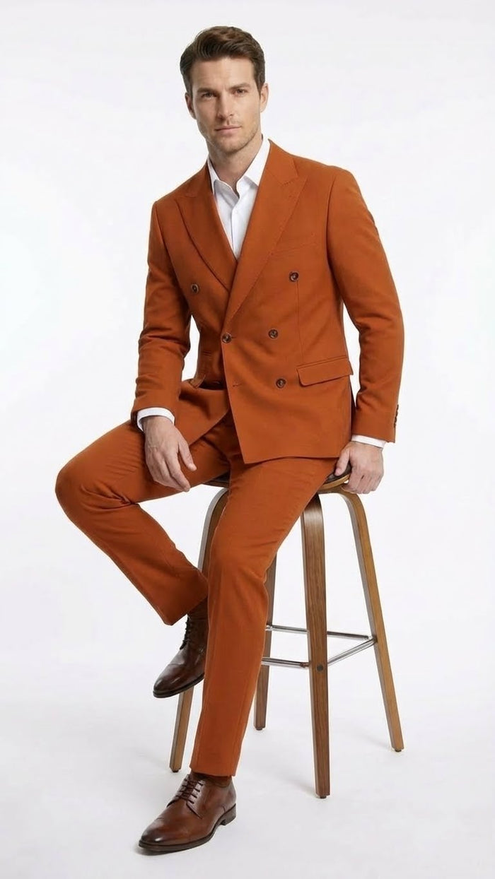 Vitali Brand Mens Burnt Orange Double Breasted Suit in Rust Brick Copper Color