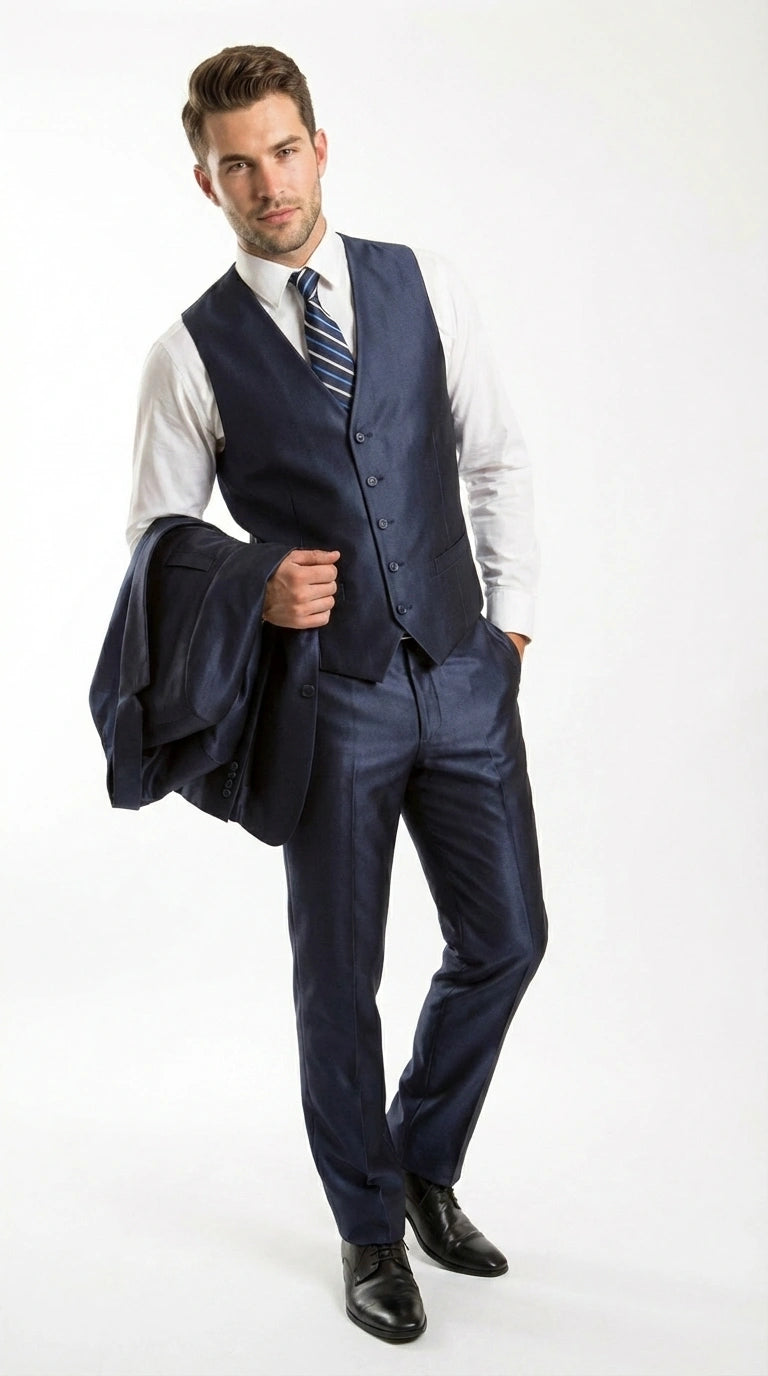 Men’s Navy Blue Sharkskin 3 Piece Suit – Two Button Vested Shiny Formal Suit for Wedding, Prom, Business and Party Wear - 34 Short or Extra Small