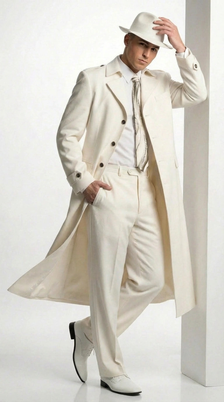 Men’s Ivory Cream Off White  Full Length Zoot Suit – Vintage Gangster Style Long Coat Formal Suit - Coat Size 38