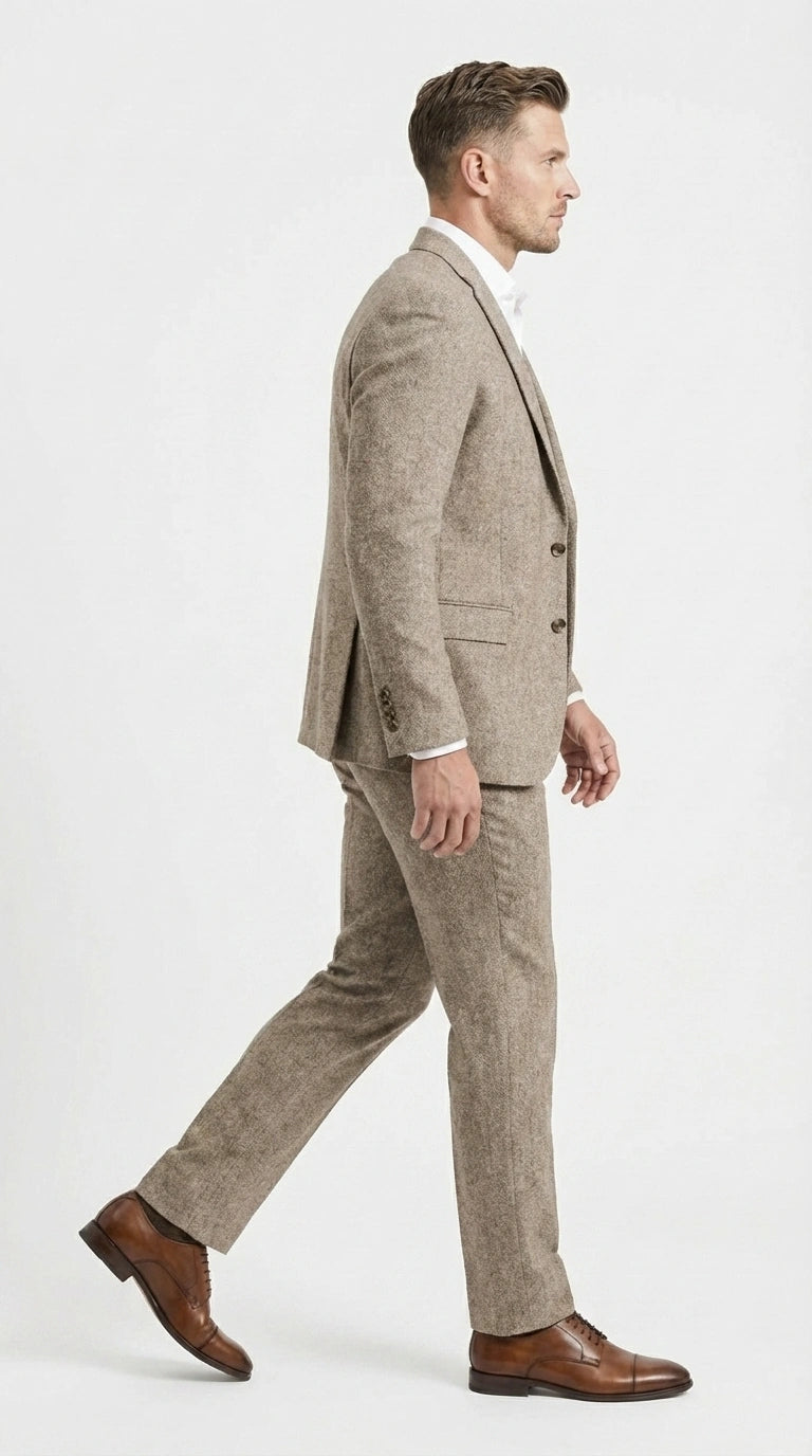 Men’s Light Beige Herringbone Tweed Suit with Vest – Classic Three Piece Formal Suit, Vintage Business Wedding Outfit, Elegant Smart Casual Wear - 34 Short or Extra Small