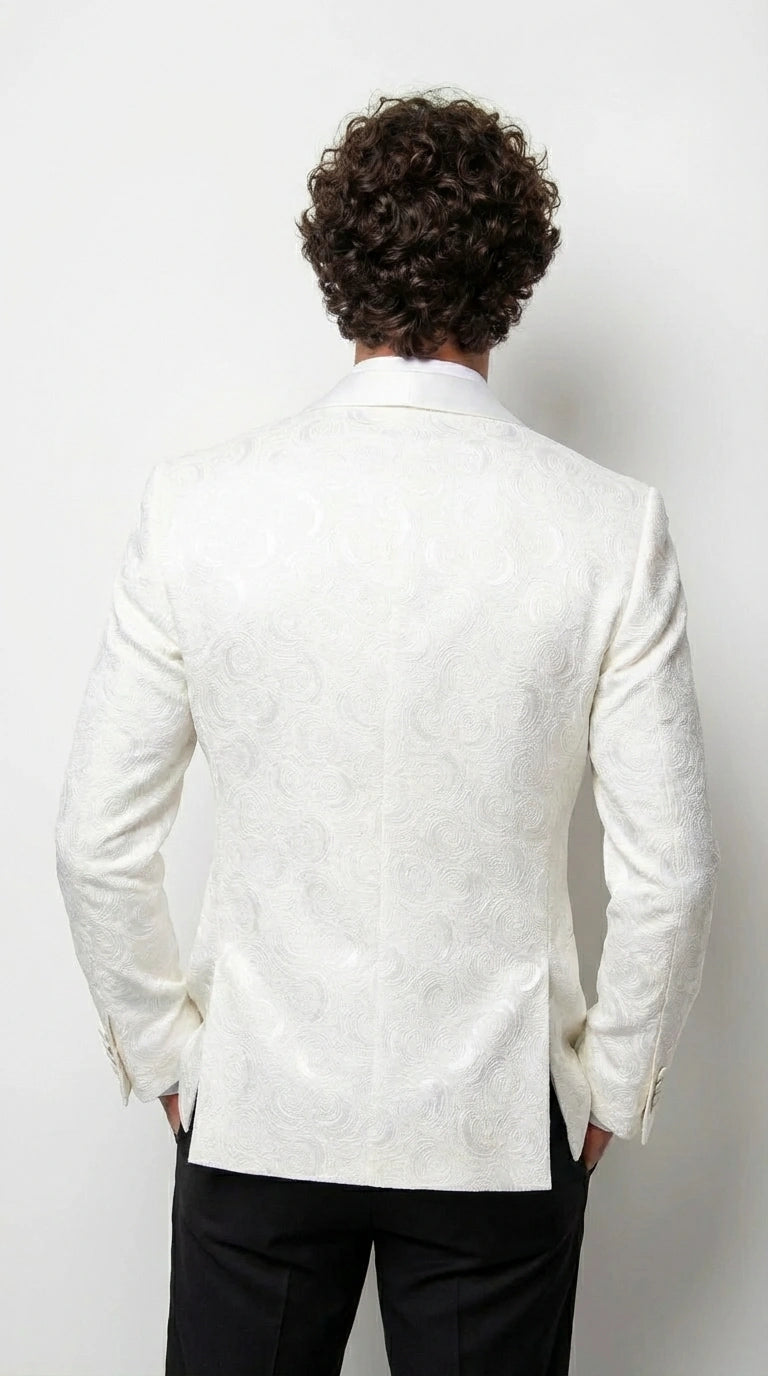 Men’s White Paisley Disco Blazer 1980s Style Jacket – Shawl Lapel Formal Party Blazer, Elegant Masquerade Club Wear, Stylish Evening Outfit - 36 Short