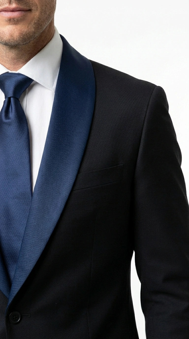 Men’s Black Suit with Navy Blue Lapel – Elegant Formal Tuxedo Style Suit for Wedding, Prom, Party and Evening Wear - 34 Short or Extra Small