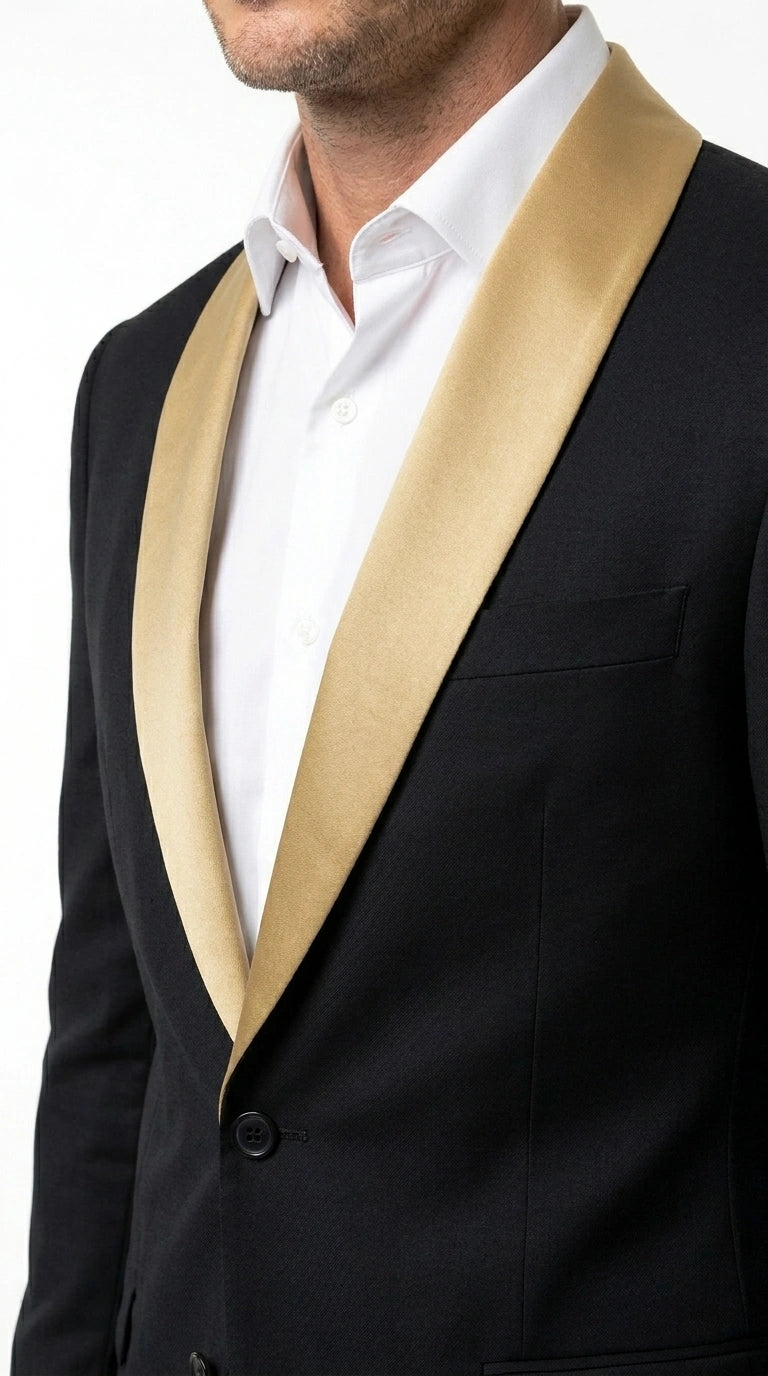 Men’s Black Suit with Gold Lapel – Luxury Formal Tuxedo Style Suit for Wedding, Prom, Party and Evening Wear - 34 Short or Extra Small