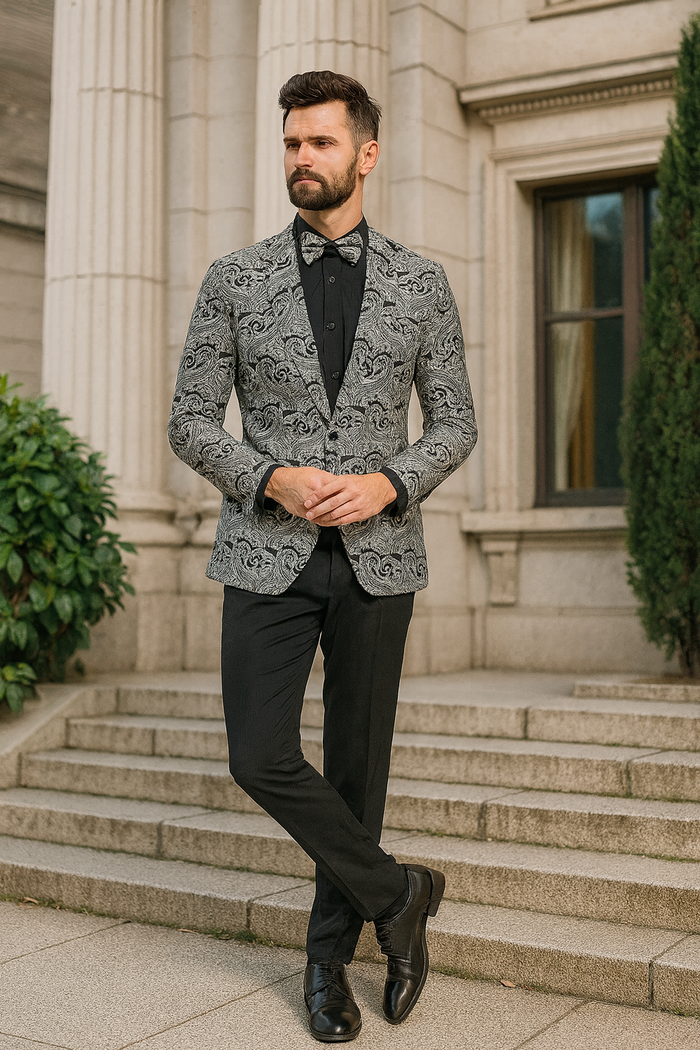 Mens Black and Silver Paisley Tuxedo Jacket â€“ Slim Fit Dinner Blazer with Matching Bow Tie with Black Pants