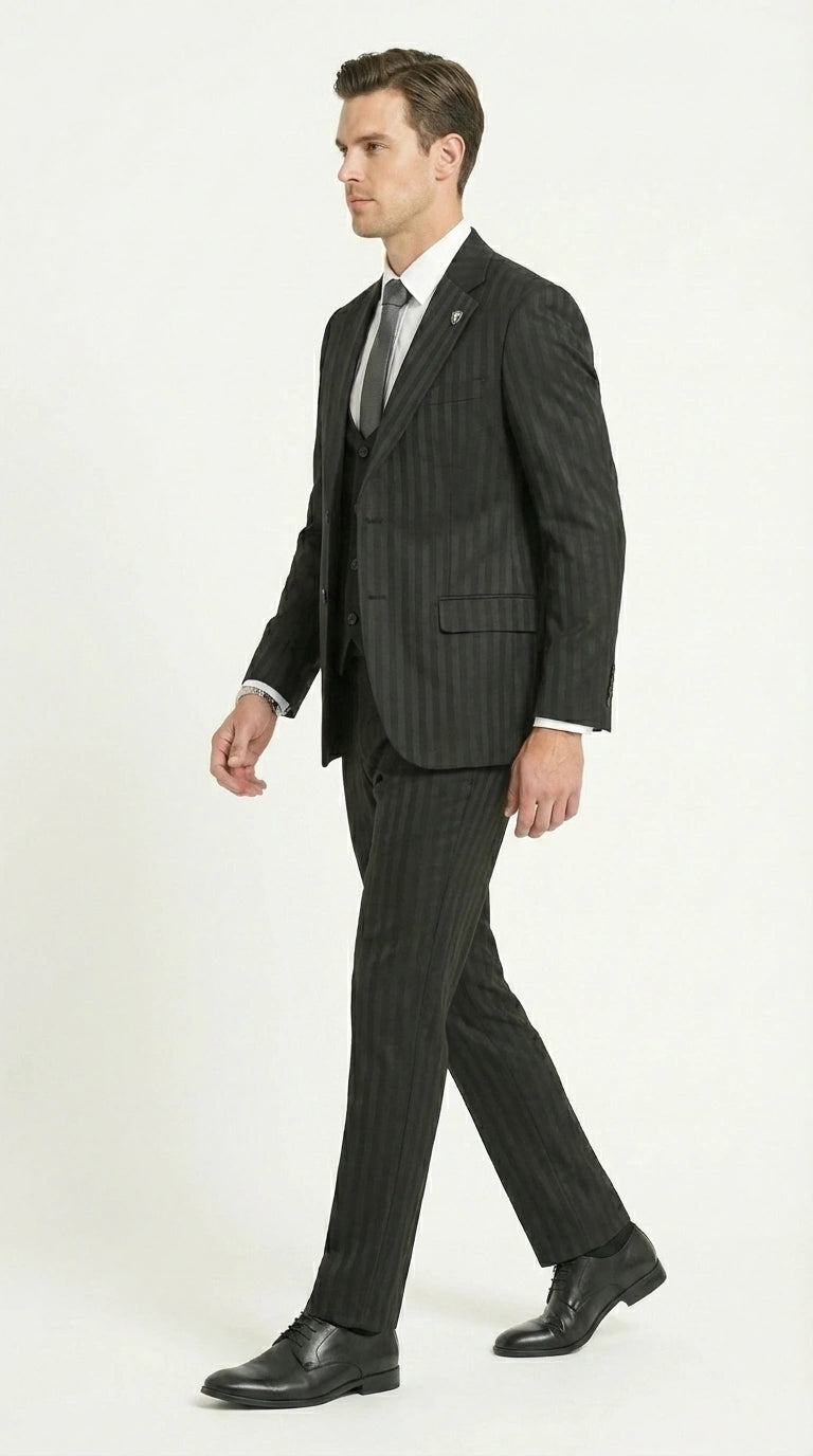 Men’s Black Pinstripe 3 Piece Suit – Vested Formal Business Suit for Wedding, Office, Prom and Party Wear - 34 Short or Extra Small