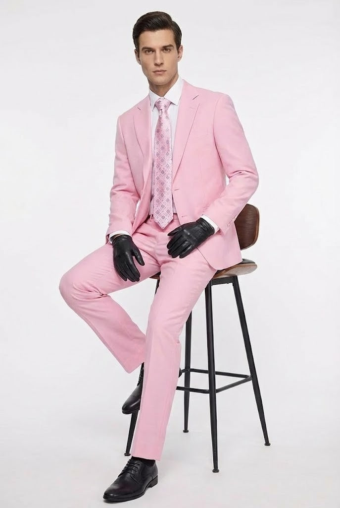 Mens Pink Two-Piece Suit Classic Fit Formal Jacket and Tailored Pants