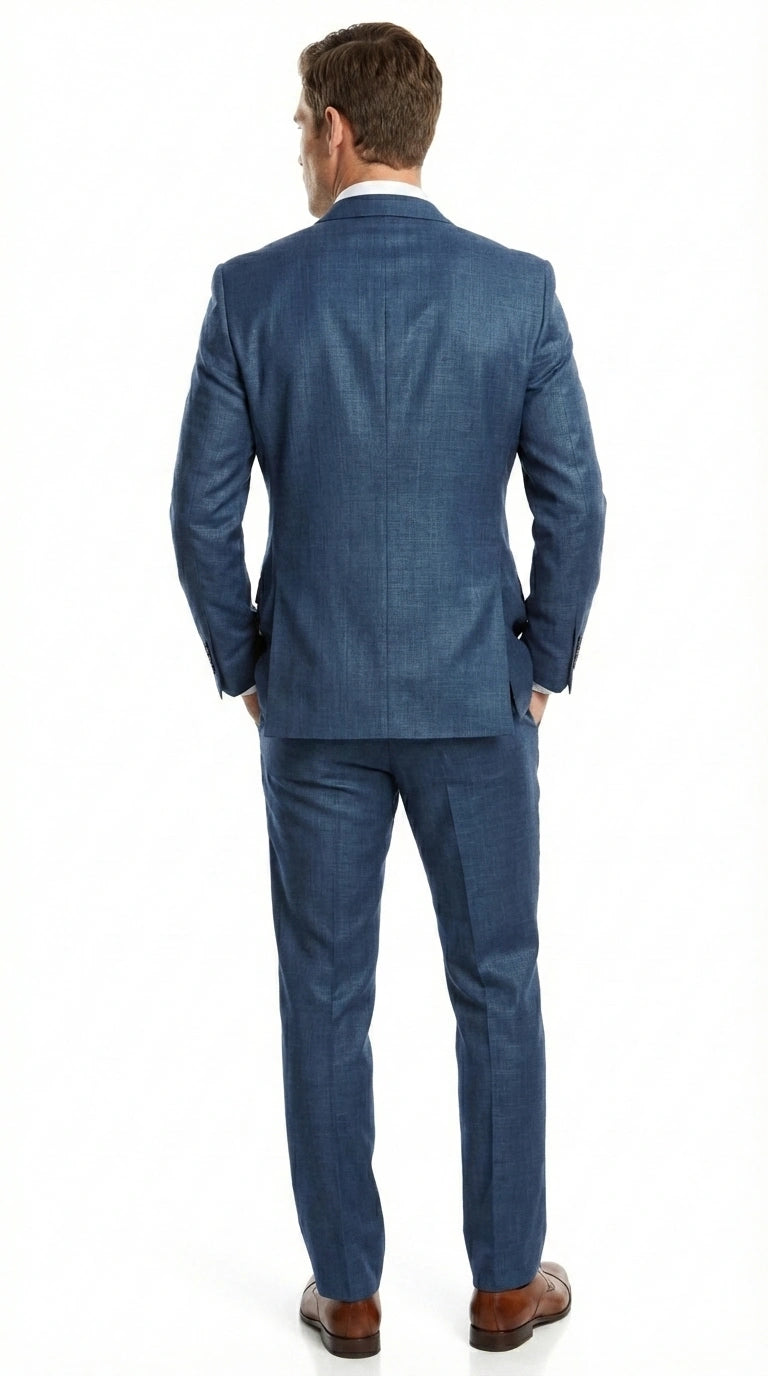 Men’s Indigo Blue Sharkskin Suit – Textured Shiny Formal Suit for Wedding, Business, 2 Buttons Slim Fitted - 34 Short or Extra Small