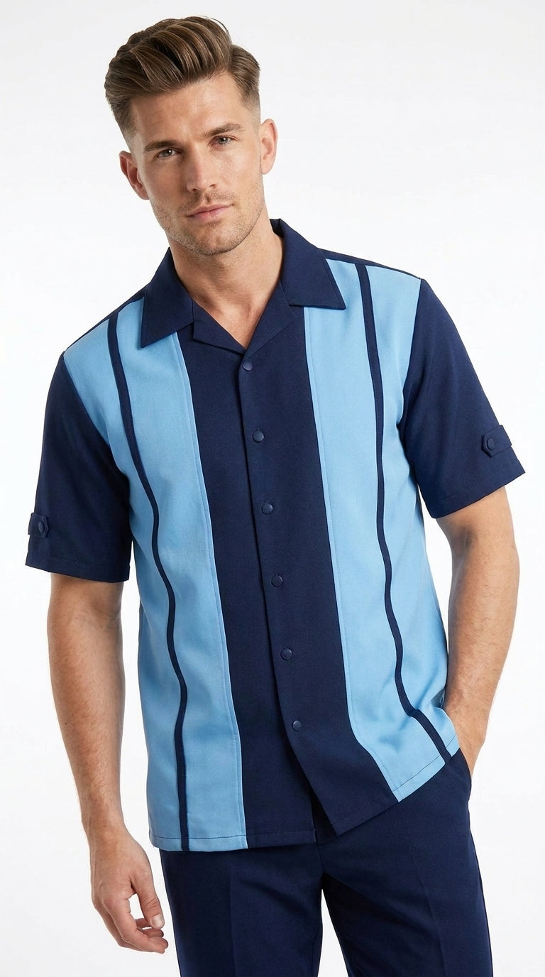 Men’s Navy and Sky Blue Walking Suit – 2-Piece Short Sleeve Casual Leisure Outfit - Small