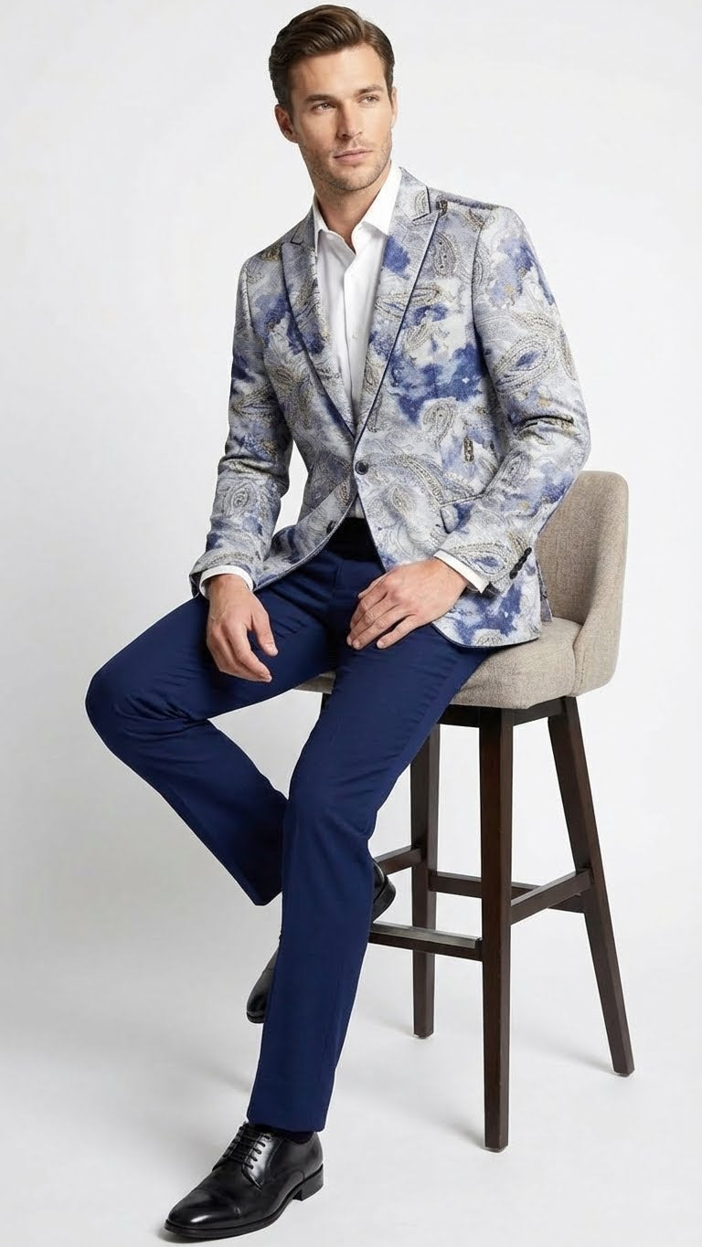 Men’s Navy Blue and Gray Paisley Print Blazer – Prom Jacket for Formal, Party, and Evening Wear - 36 Short