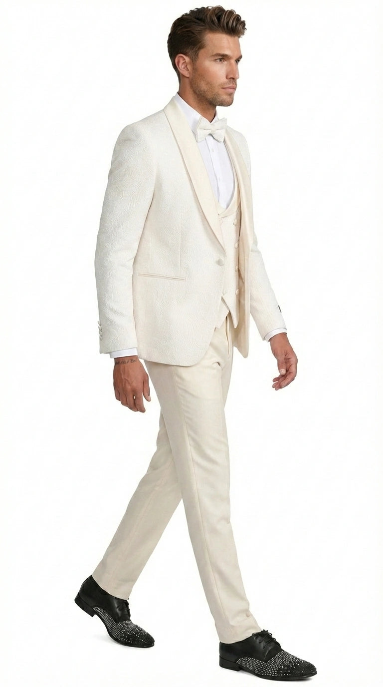 Men’s Ivory Paisley Tuxedo Suit 3 Piece – One Button Vested Satin Formal Suit for Wedding in Off white Cream Color - 40