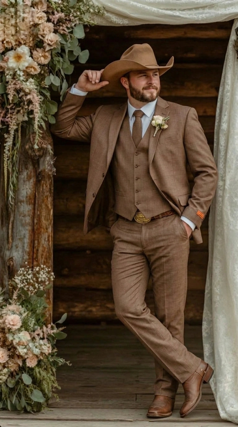 Men’s Light Brown Western 3 Piece Suit – Classic Country Style Blazer Vest Pants Set, Formal Cowboy Suit Toast - 34 Short or Extra Small