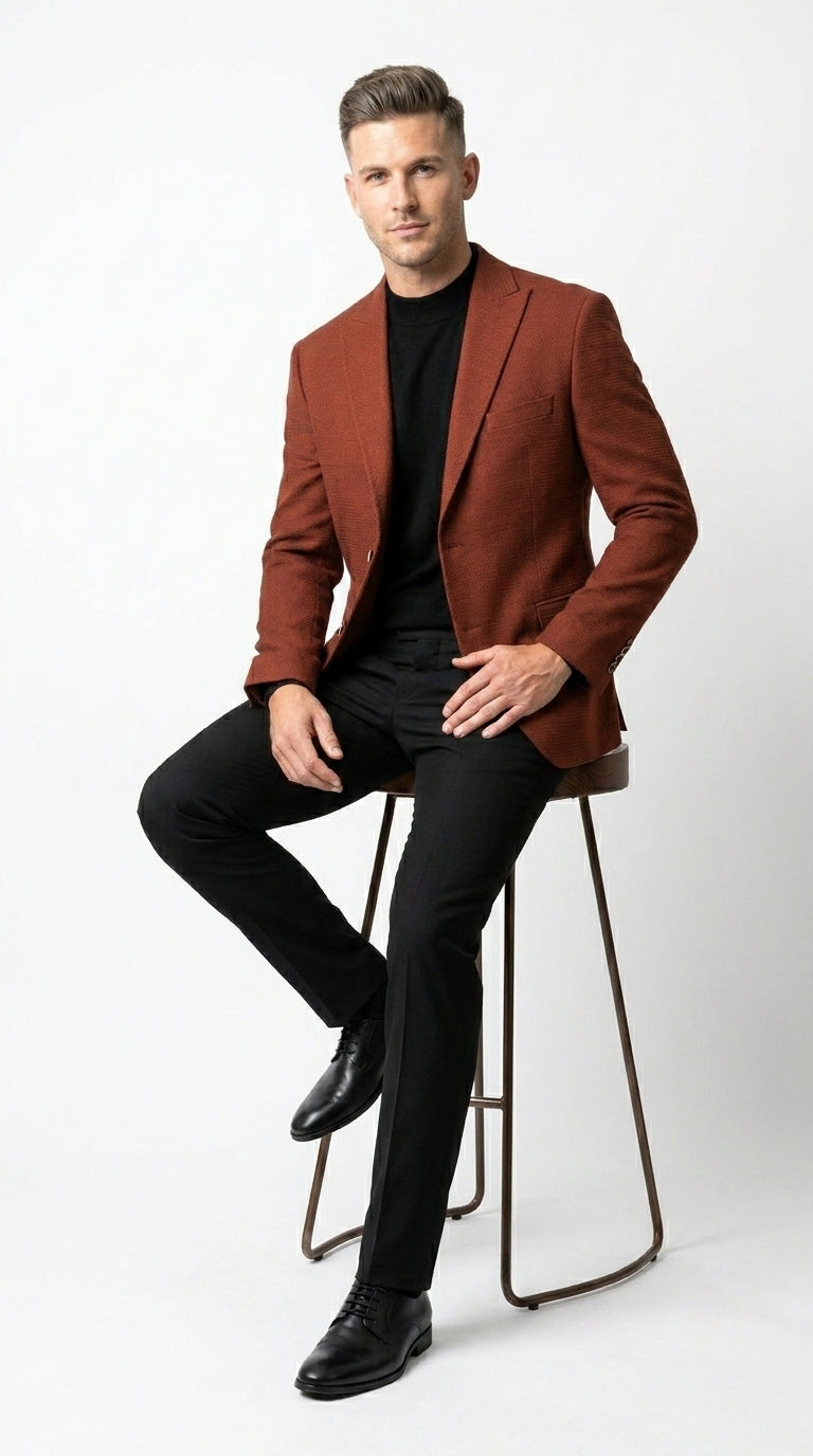 Men’s Rustic Brown Textured Blazer with Notched Lapel, Formal Dress Jacket for Weddings, Parties, Business Look - 36 Short