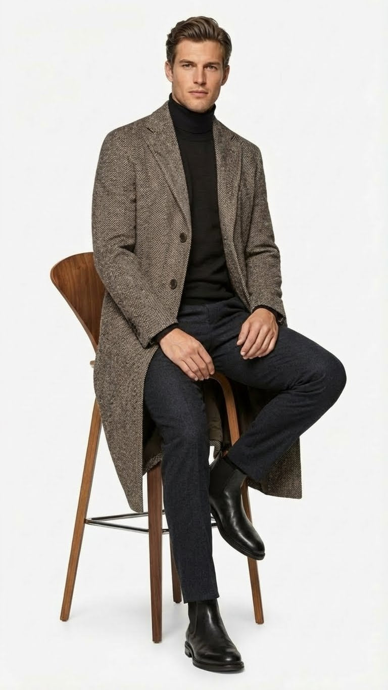 Men’s Black & Grey  Herringbone Tweed Wool Blend Overcoat – Classic Single-Breasted Winter Blazer Carcoat - Coat Size 38