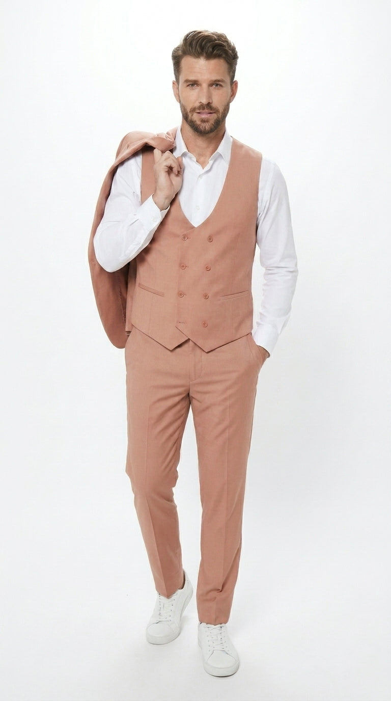 Men’s Peach Light Brown 3 Piece Suit – Wedding & Prom Formal Suit Set, Blazer Pants Double breasted vest - 34 Short or Extra Small