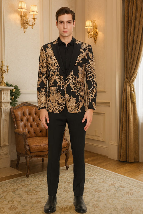 Mens Black and Rose Gold Floral Embroidered Blazer Suit Black Pants Luxury Tuxedo Jacket for Weddings, Proms and Parties