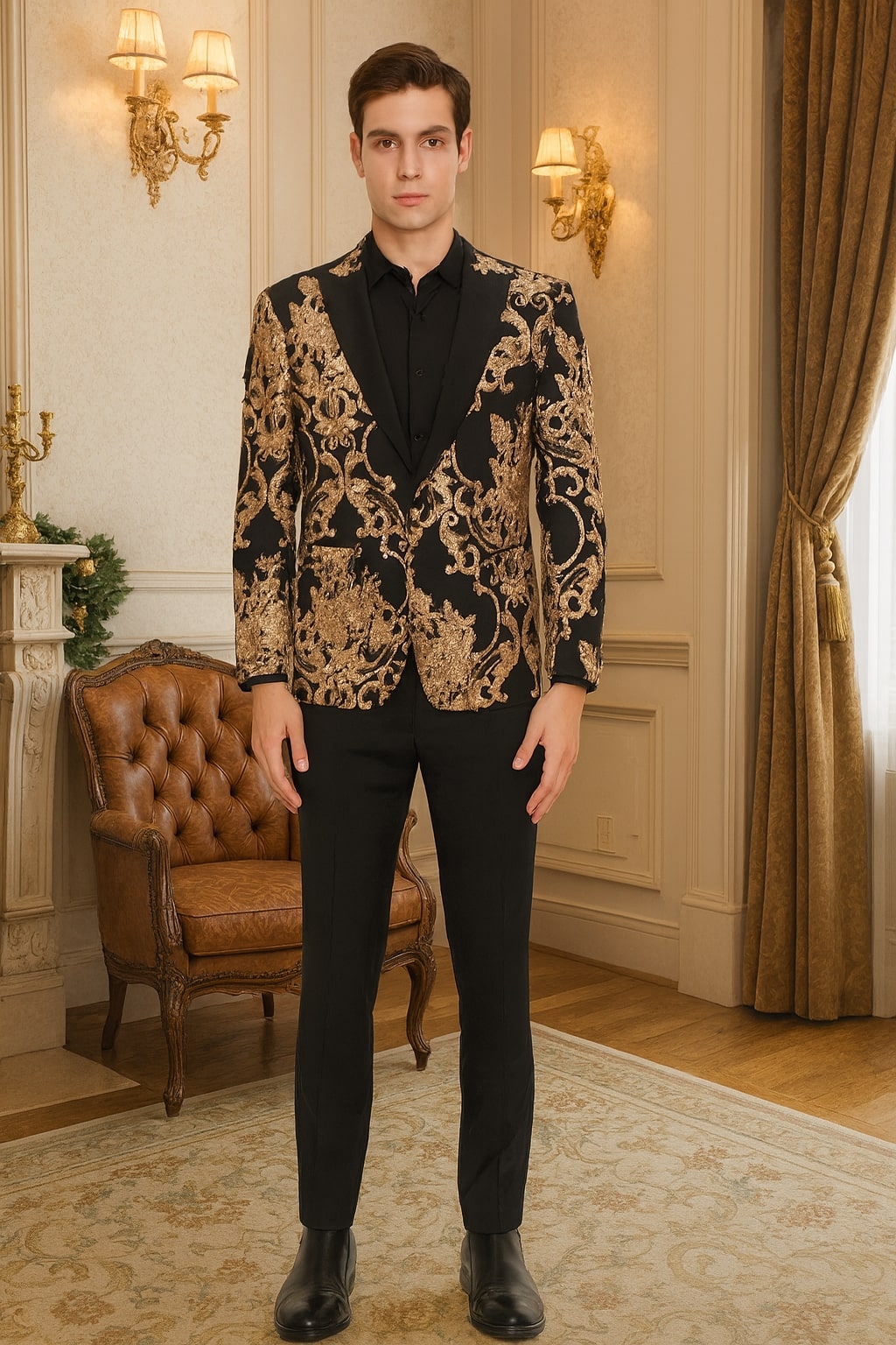 Mens Black and Rose Gold Floral Embroidered Blazer Suit Black Pants – Luxury Tuxedo Jacket for Weddings, Proms and Parties - 34 Short or Extra Small