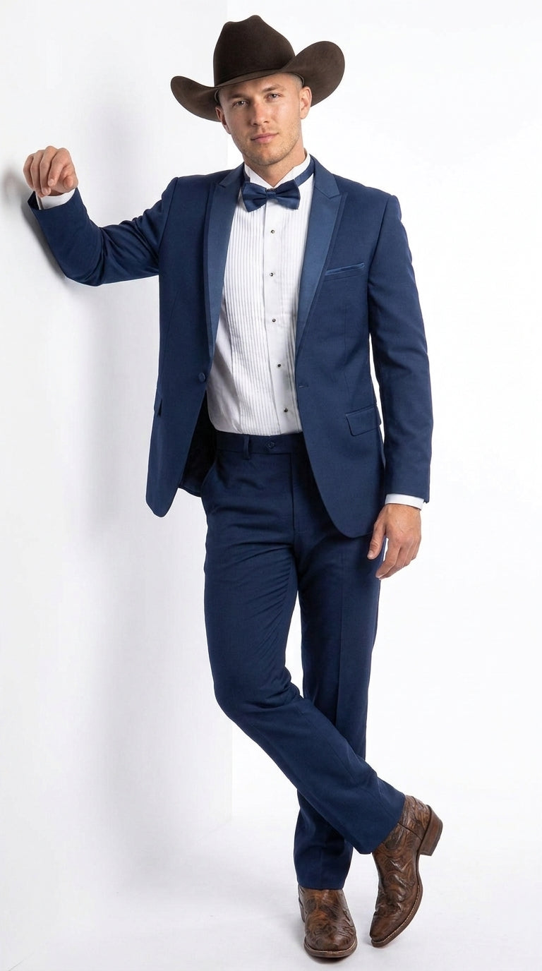 Men’s Saphire Indigo Blue Western Tuxedo Suit, Formal Wedding Prom Cowboy Tuxedo with Blue