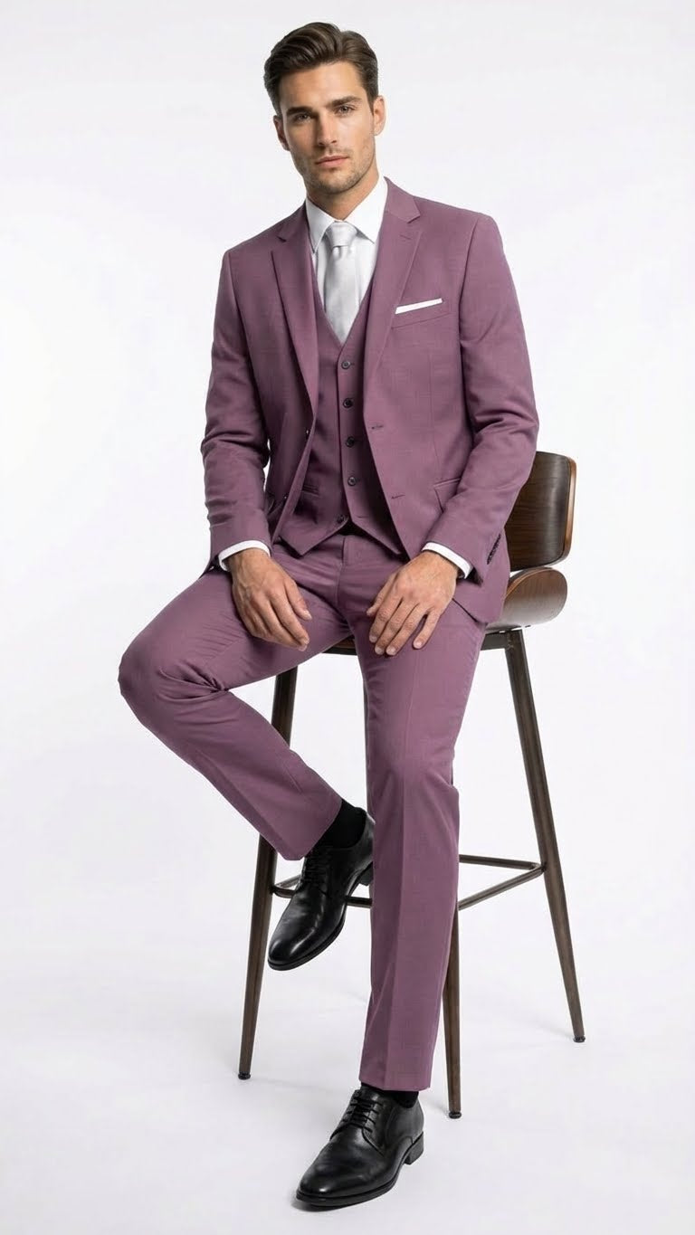 Men’s Mauve Three-Piece Suit – Slim Fit Formal Blazer, Vest, and Trousers for Weddings Rose Gold Pinkish Color - 34 Short or Extra Small