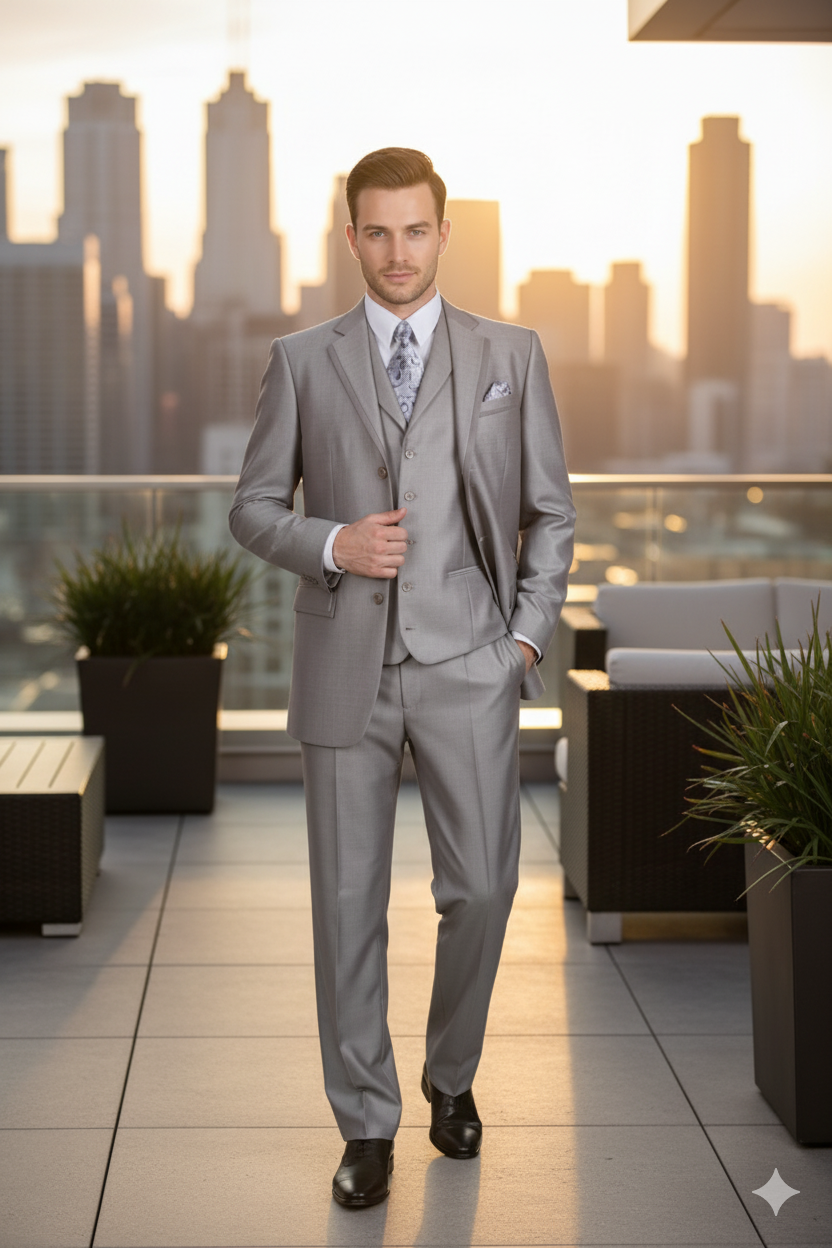 Men’s Light Gray 3-Piece Modern Fit Suit with Vest – Classic Formal Business and Wedding Attire - 34 Short or Extra Small