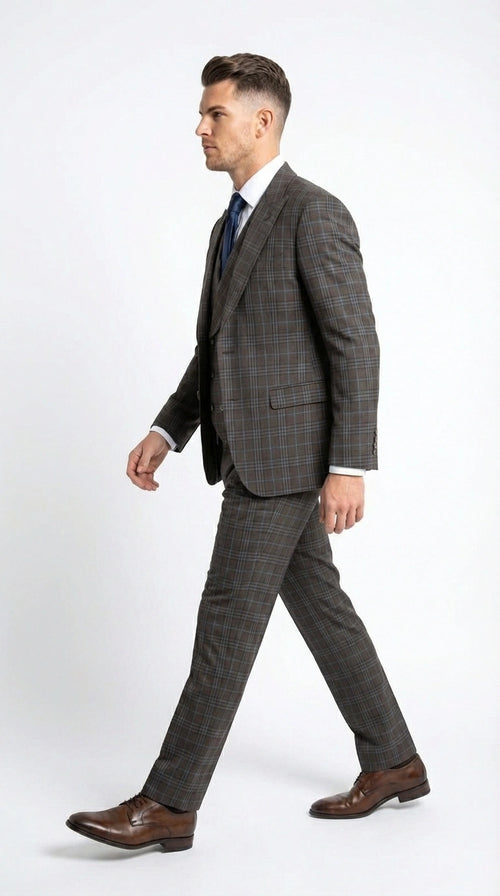 Vitali Men’s Brown Grey with blue Check 3 Piece Suit – Classic Plaid Formal Suit Set with Blazer, Vest & Trousers, Business Wedding Party Wear for Men Modern Fit