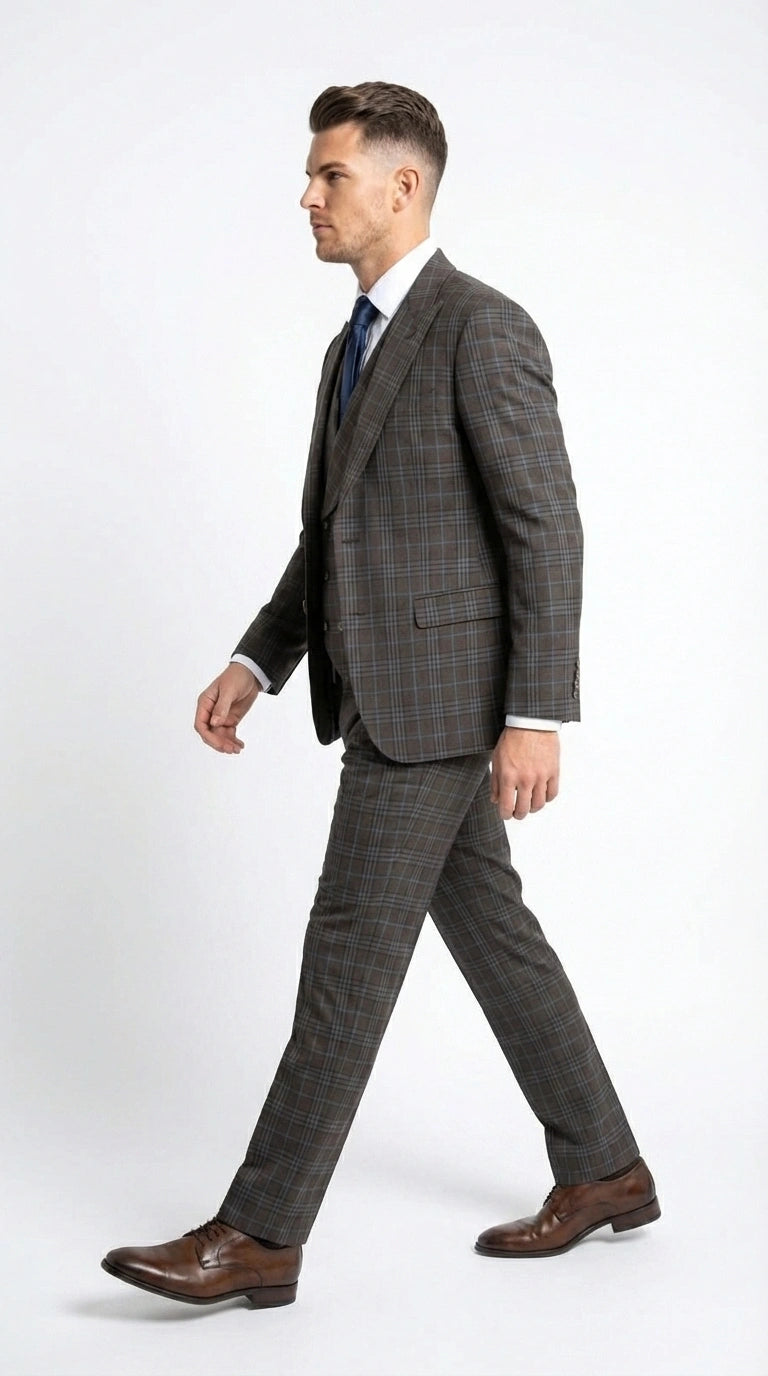 Vitali Men’s Brown Grey with blue Check 3 Piece Suit – Classic Plaid Formal Suit Set with Blazer, Vest & Trousers, Business Wedding Party Wear for Men Modern Fit - 34 Short or Extra Small