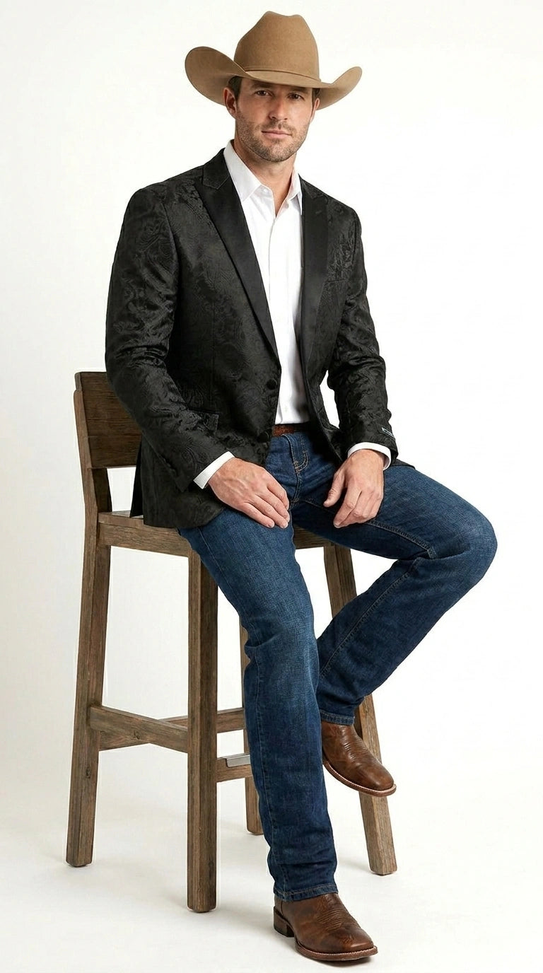 Men’s Black Paisley Western Cowboy Blazer – Classic Western Style Formal Jacket, Elegant Country Blazer Coat - saco para vaquero - 36 Short