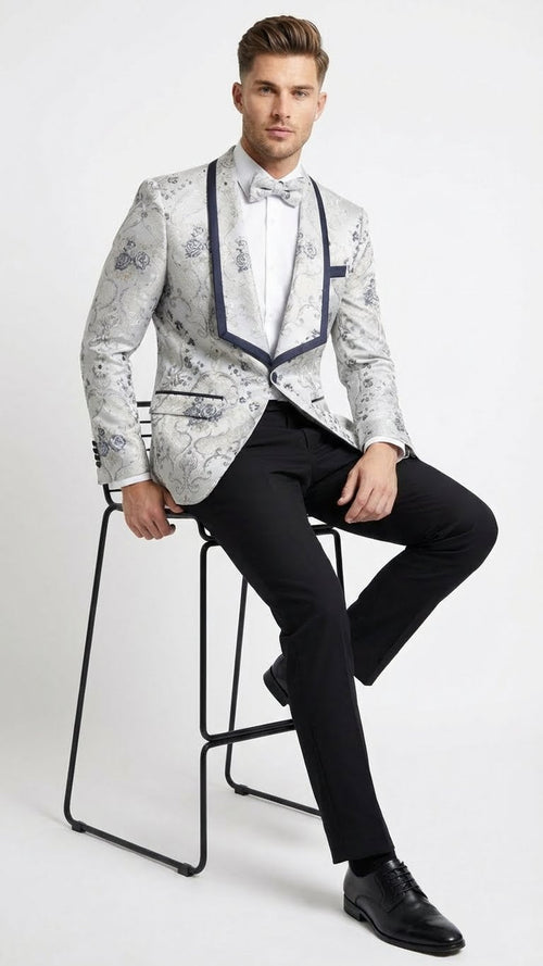 Mens White and Navy Blue Lapel  Floral Jacquard Blazer with Contrast Shawl Lapel Luxury Wedding and Party Wear Jacket paisley Tuxedo Navy Pants