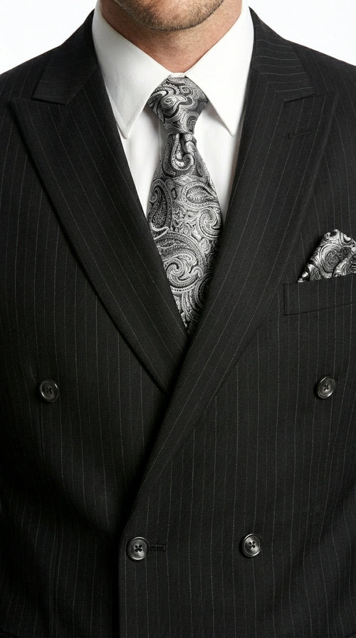 Men’s Black Pinstripe Double Breasted Suit – Peak Lapel Classic Fit Formal Business Conservative settle stripe