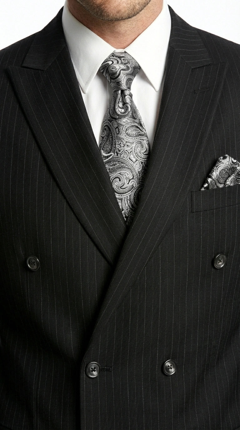 Men’s Black Pinstripe Double Breasted Suit – Peak Lapel Classic Fit Formal Business Conservative settle stripe - 34 Short or Extra Small