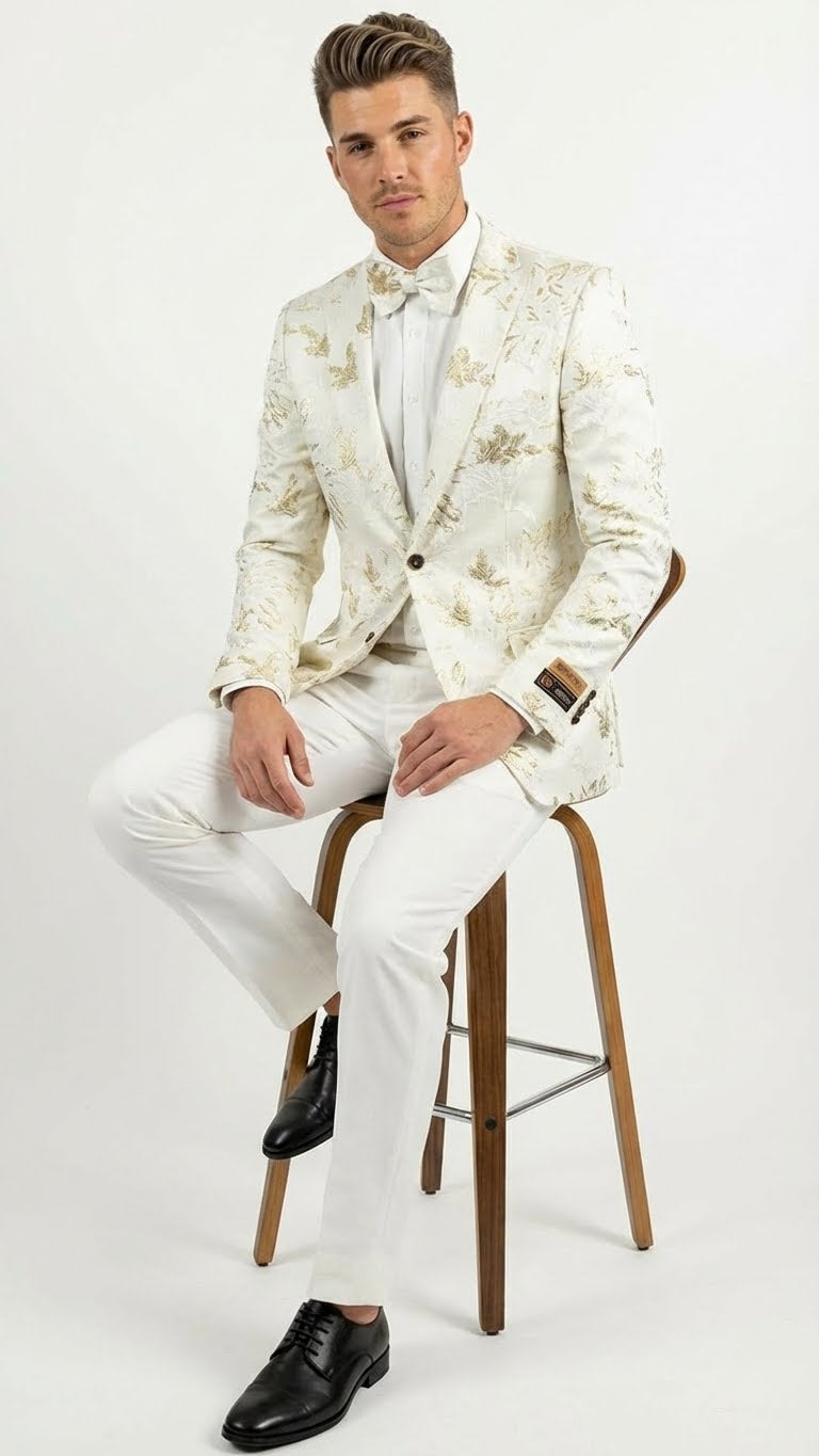 Men’s White and Gold Patterned Blazer – Paisley Floral Pattern Prom Wedding Suit Tuxedo Dinner Jacket + Bowtie - Gray