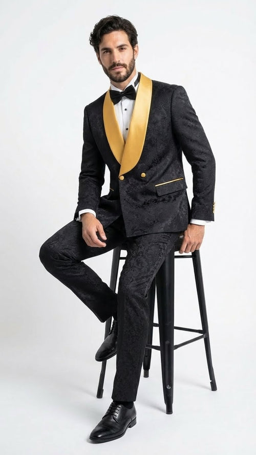 Mens Black and Gold Jacquard Tuxedo Suit Luxury Slim Fit Formal Wedding, Prom, and Gala Outfit