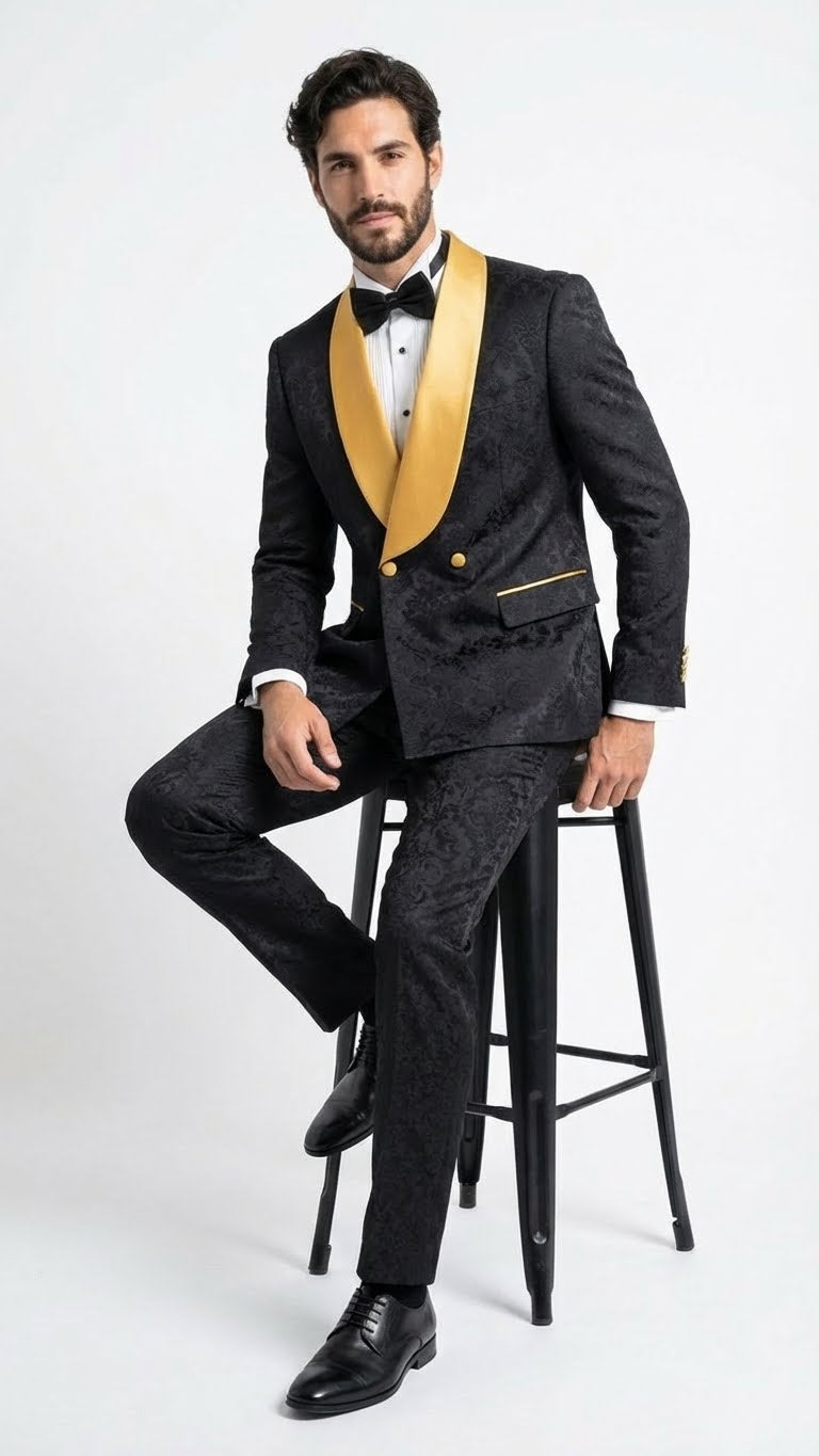 Men’s Black and Gold Jacquard Tuxedo Suit – Luxury Slim Fit Formal Wedding, Prom, and Gala Outfit - 34 Short or Extra Small