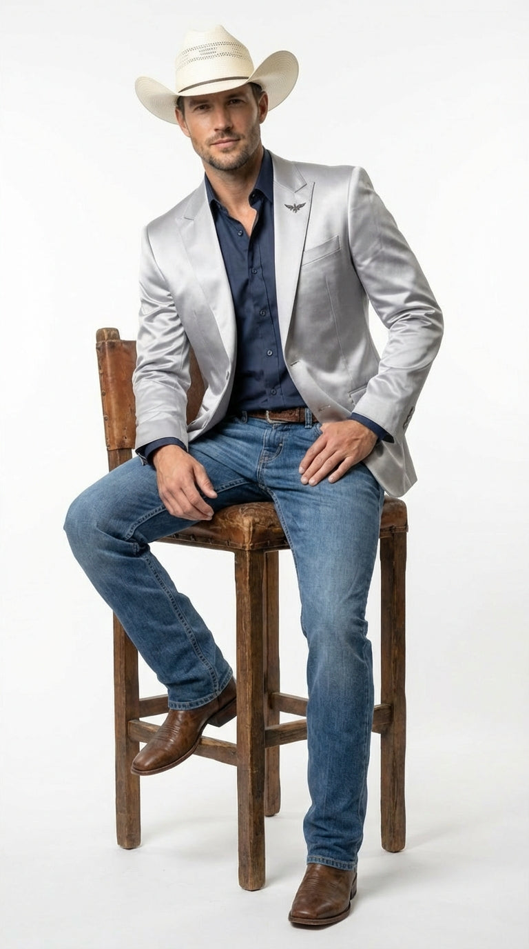 Mens Shiny Silver Cowboy Blazer Western Style Satin Finish Blazer for Party, Country Events and Evening Wear