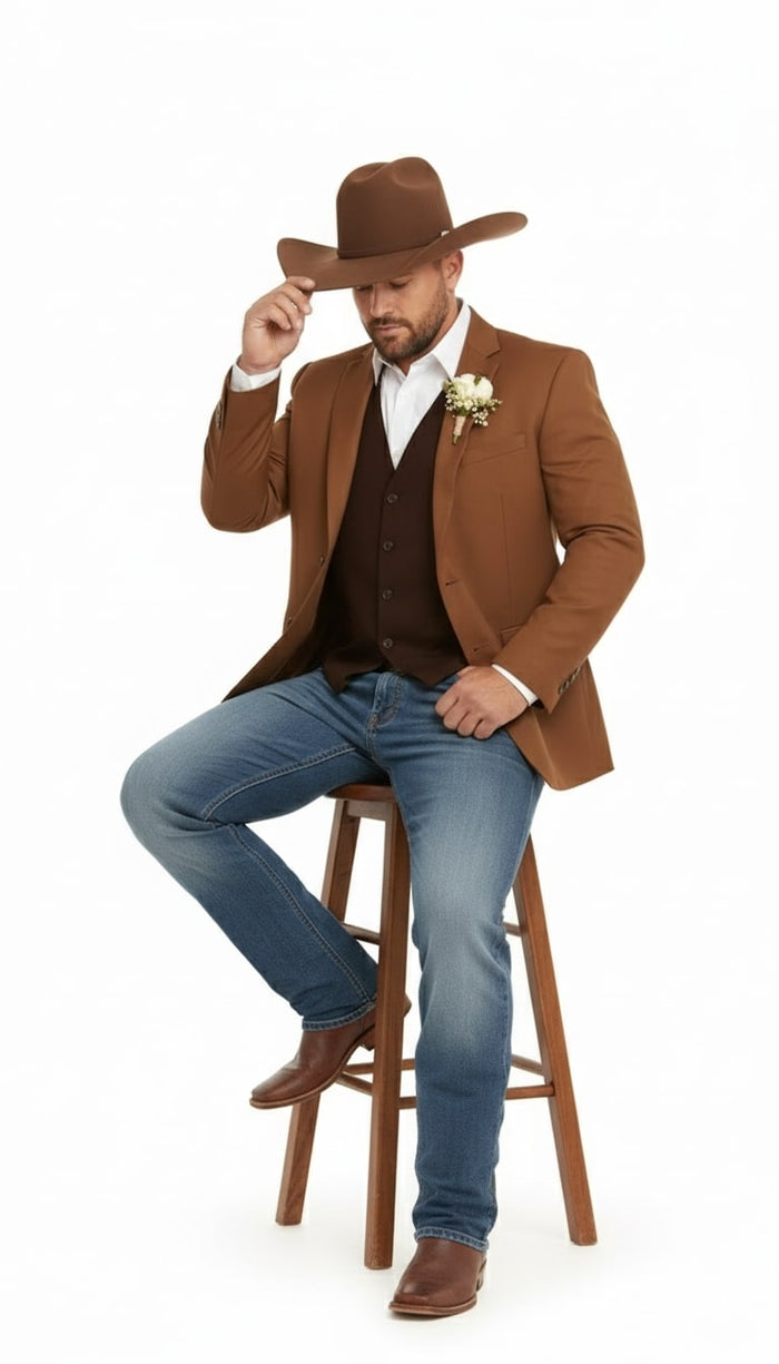 Mens Rust Copper Brown Western Blazer Cowboy Style Classic Tailored Jacket for Weddings, Rodeos and Country Events
