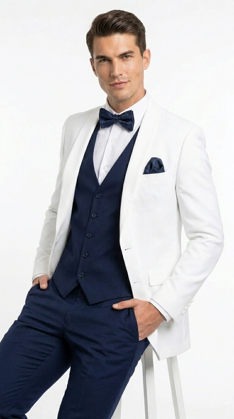 Men’s White and Navy blue tuxedo  3 Piece Suit – Classic White Blazer with Navy Vest and Pants for Wedding, Party + Bowtie - 34 Short or Extra Small