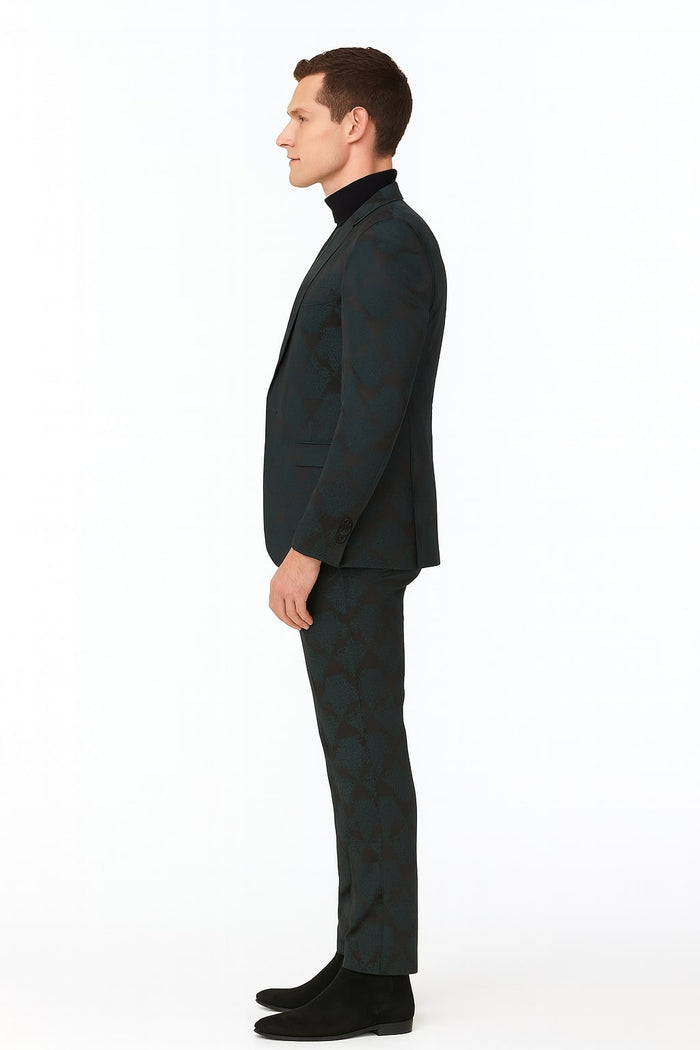 Mens Emerald Green Floral Jacquard 3-Piece Tuxedo Suit Slim Fit Formal Set with Blazer, Vest, and Pants Paisley Fabric - Ultra slim fitted