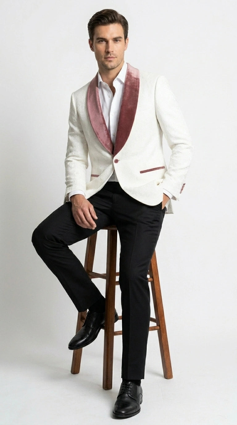 Men’s Ivory and Rose gold Floral Blazer – Elegant Shawl Lapel Formal Blazer Jacket for Wedding, Party, Prom - 36 Short
