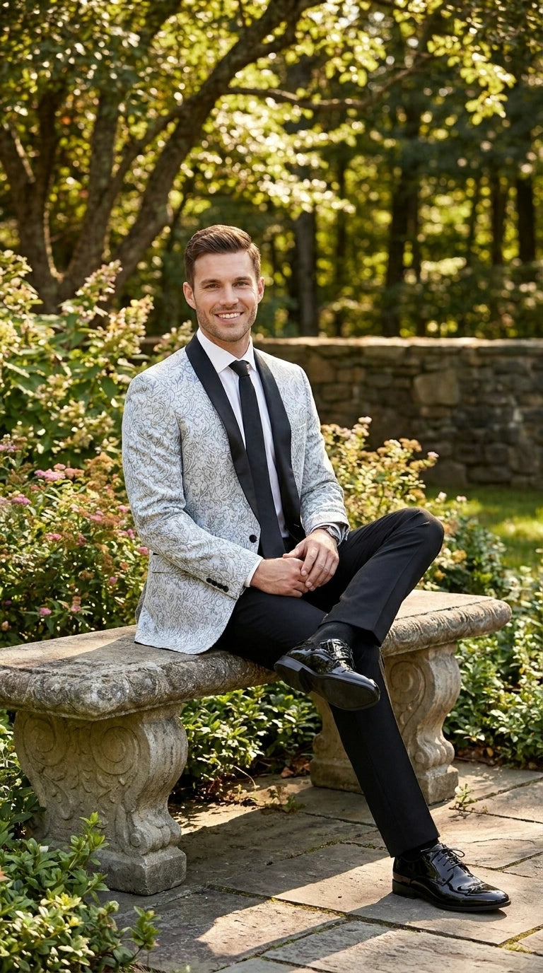 Men’s Silver and Black Floral Blazer – Elegant Formal Tuxedo Style Blazer Jacket for Wedding, Party, Prom and Evening Wear - 36R