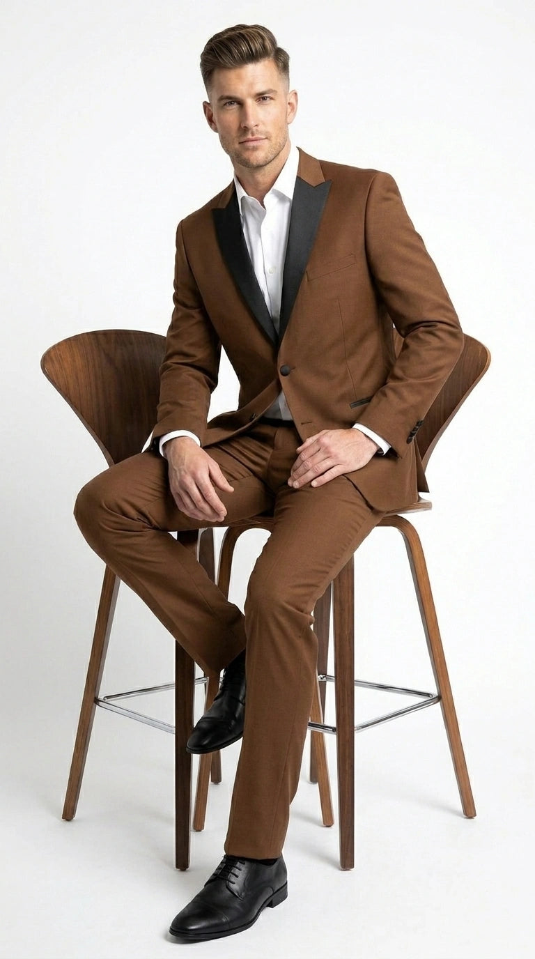 Men’s Light Brown Vested Piece Suit – Elegant Formal Suit with Contrast Lapel for Wedding, Party - 34 Short or Extra Small